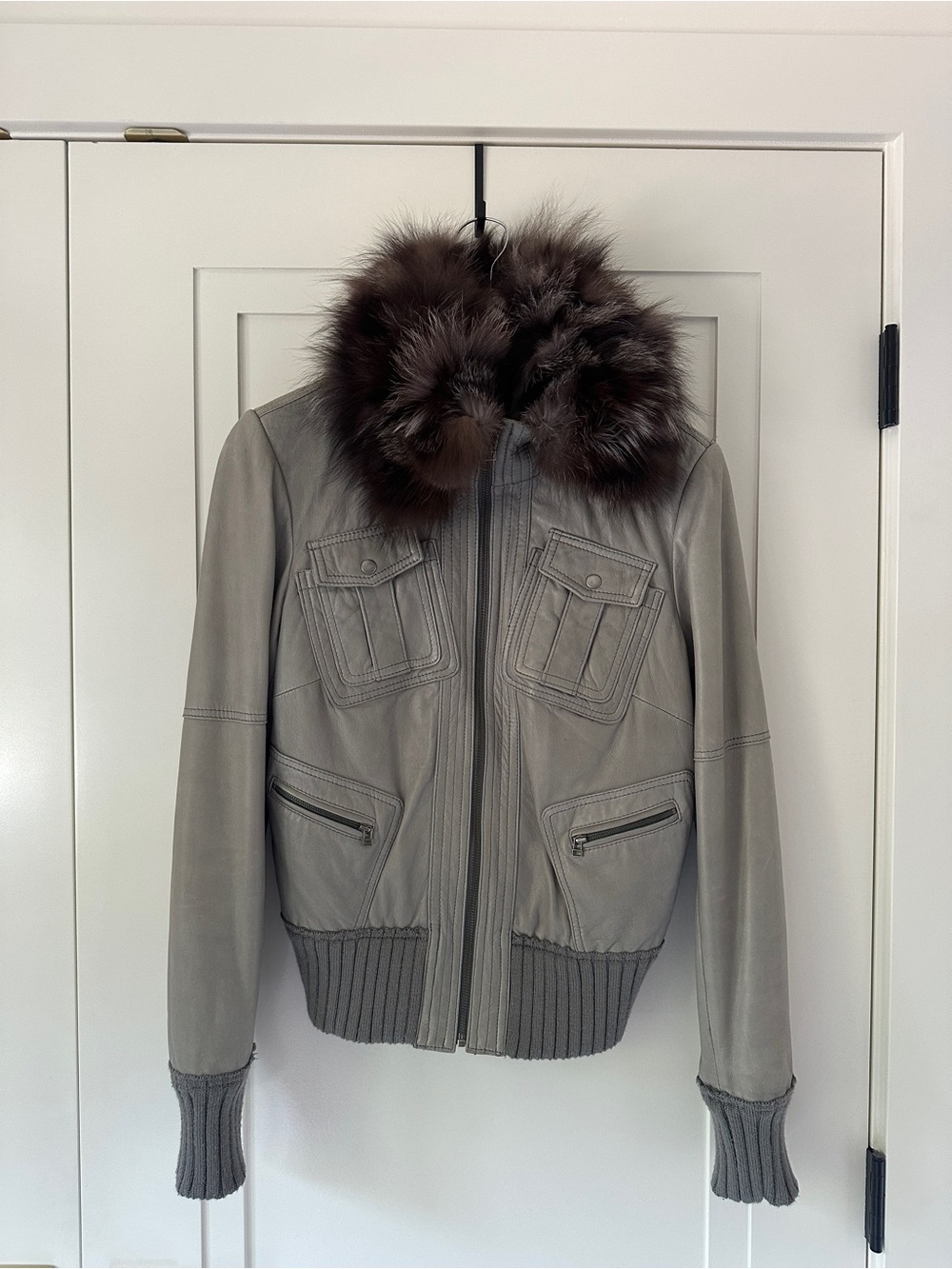 Danier Italian Leather Jacket Fox Fur Collar Grey Moto Bomber Small